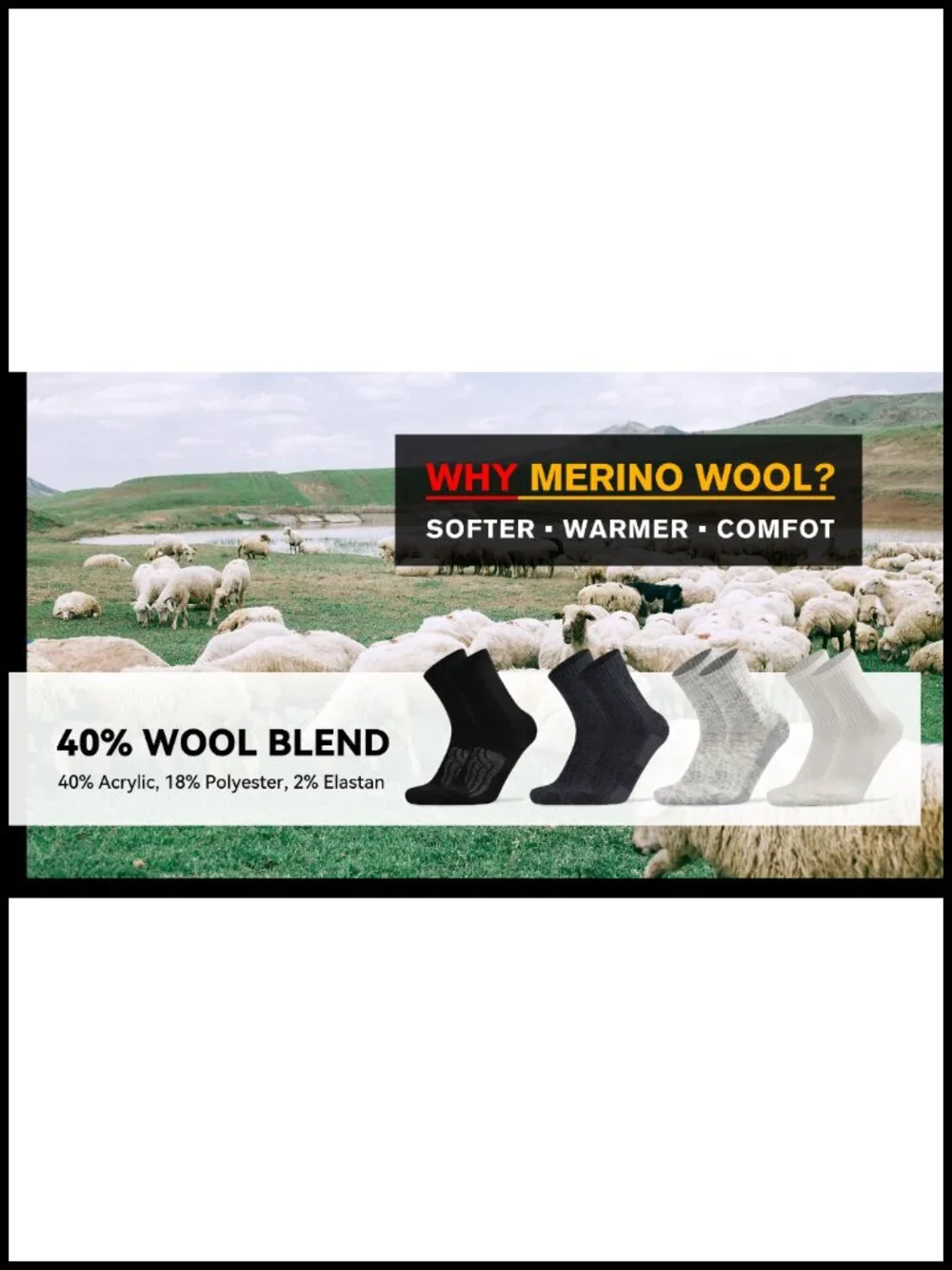 Merino Wool Blend Crew Hiking Socks 4 Pack Cushioned Athletic Socks for Men